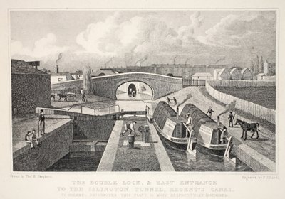 Podwójny dok i wschodnie wejście do tunelu Islington, kanału Regenta, z pubu „Londyn i jego okolice w XIX wieku”. Jones und Co., 1827-1829 autorstwa Thomas Hosmer Shepherd