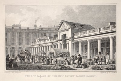 Potem w. Fasada targu New Covent Garden z pubu „Londyn i jego okolice w XIX wieku”. Jones und Co., 1827-1829 autorstwa Thomas Hosmer Shepherd
