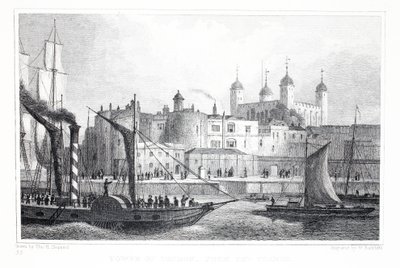 Tower of London, znad Tamizy, z pubu „Londyn i jego okolice w XIX wieku”. Jones und Co., 1827-1829 autorstwa Thomas Hosmer Shepherd