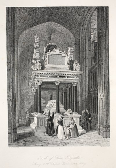 Grób królowej Elżbiety I z pubu „London Interiors withich Costumes and Ceremonies”. Joseph Mead, Londyn, c.1843 (rycina stalowa) autorstwa Thomas Hosmer Shepherd