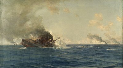 Zatonięcie okrętu "Scharnhorst" w bitwie o Falklandy, 8 grudnia 1914 r., ok. 1915 r. (olej na płótnie) autorstwa Thomas J. Somerscales