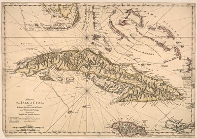Mapa wyspy Kuba z wyspami Bahama, Zatoką Florydzką i Windward Passage - sporządzona na podstawie angielskich i hiszpańskich pomiarów. LOC 73697703 autorstwa Thomas Jefferys