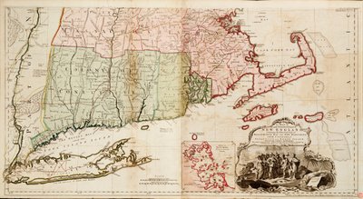 Mapa najbardziej zamieszkanej części Nowej Anglii, zawierająca prowincje Massachusetts Bay i New Hampshire wraz z koloniami Connecticut i Rhode Island. autorstwa Thomas Jefferys
