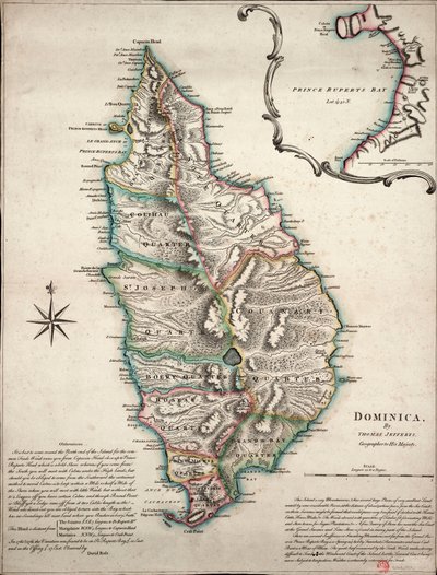 Kolorowa mapa Dominiki ze szczegółowymi obserwacjami geograficznymi, ok. 1760 r. (ręcznie kolorowana rycina) autorstwa Thomas Jefferys