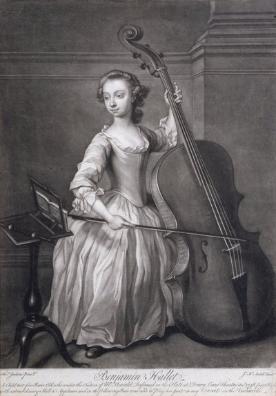 Portret Benjamina Halleta grającego na wiolonczeli, wyryty przez Jamesa McArdella (ok. 1729-65), ok. 1749 r. autorstwa Thomas Jenkins