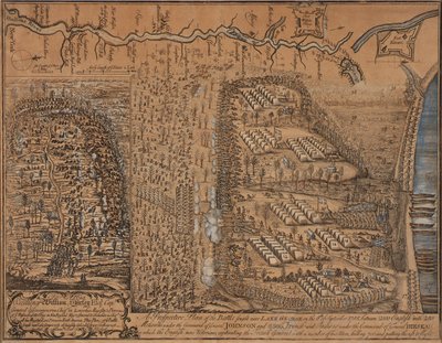 Perspektywiczny plan bitwy stoczonej w pobliżu jeziora George 8 września 1755 r. autorstwa Thomas Johnston