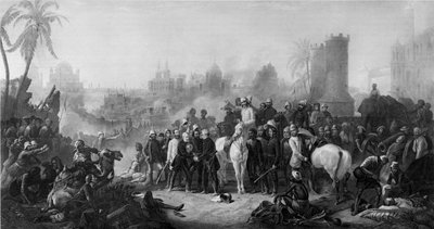 The Relief of Lucknow, und Triumphant Meeting of Havelock, Outram i Sir Colin Campbell, z „... Rysunki... wykonane na miejscu... przez Mr. Egrona Lundgrena”, opublikowane w Londynie 1860 autorstwa Thomas Jones