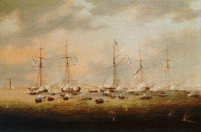 Brytyjskie i amerykańskie kanonierki w akcji na jeziorze Borgne autorstwa Thomas L. Hornbrook