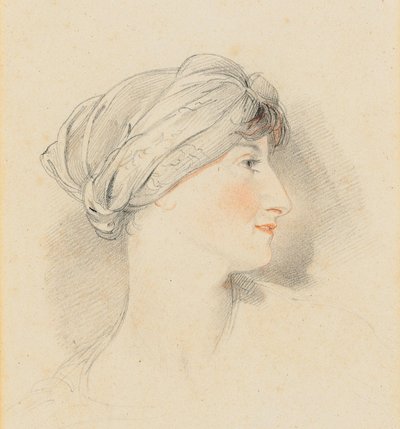Portret głowy pani Jens Wolff, z profilu po prawej stronie, w turbanie (ołówek, czarno-czerwona kreda) autorstwa Thomas Lawrence