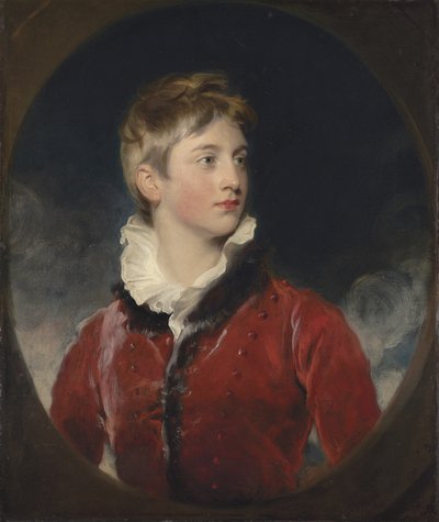 Portret Fredericka Williama Stewarta, 4. markiza Londonderry, K.P., MP. (1805-1872) gdy chłopiec, do połowy długości, w czerwonym płaszczu, w udawanym owalu (olej na płótnie) autorstwa Thomas Lawrence