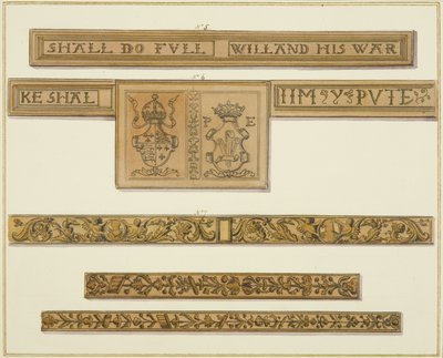 Rzeźbione fryzy i herby z ul. Baldwin 46 (akwarela na papierze) autorstwa Thomas Leeson the Elder Rowbotham