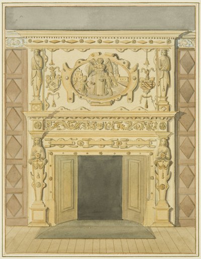 Kominek w Bibliotece Prawnej (akwarela na papierze) autorstwa Thomas Leeson the Elder Rowbotham