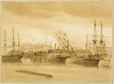Eastern Wapping Dock, pokazujący barkę „Avon” na dybach autorstwa Thomas Leeson the Elder Rowbotham