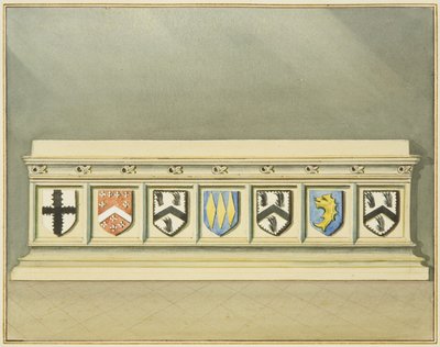 Łożyska heraldyczne na grobie Waltera Framptona w kościele św. Jana (akwarela na papierze) autorstwa Thomas Leeson the Elder Rowbotham
