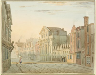 King Street, pokazujący Teatr, Sala Bednarza i Przytułek Św. Mikołaja (akwarela na papierze) autorstwa Thomas Leeson the Elder Rowbotham