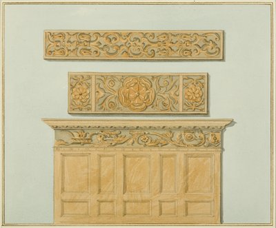Części boazerii i fryz, w Langton Mansion, z tyłu (akwarela na papierze) autorstwa Thomas Leeson the Elder Rowbotham