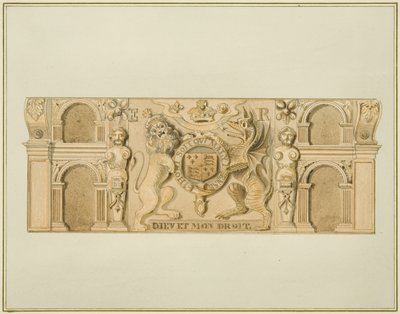 Ramiona królowej Elżbiety w dębie dawniej w domu na południowo-zachodnim krańcu Clare Street (akwarela na papierze) autorstwa Thomas Leeson the Elder Rowbotham