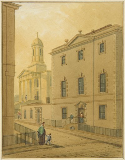 Kaplica św. Jerzego, ukazująca Great George Street, od rogu Park Street (akwarela na papierze) autorstwa Thomas Leeson the Elder Rowbotham