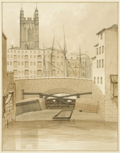 Kamienny most pokazany Floodgates (ołówek i akwarela na papierze) autorstwa Thomas Leeson the Elder Rowbotham