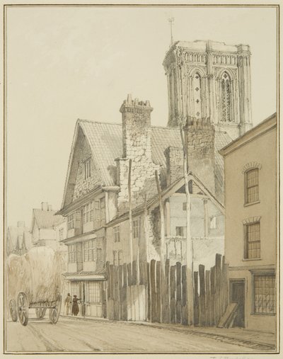 Temple Street, przedstawiająca wieżę kościoła Temple (akwarela na papierze) autorstwa Thomas Leeson the Elder Rowbotham