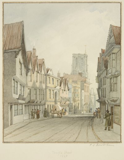 Temple Street, przedstawiająca wieżę Temple Church (akwarela na papierze) autorstwa Thomas Leeson the Elder Rowbotham