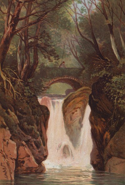 Angielskie Jeziora, Rydal Falls (kolor lito) autorstwa Thomas Leeson the Elder Rowbotham