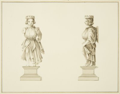 Dwa widoki rzeźbionej drewnianej figury w zakrystii kościoła św. Jana (ołówek i akwarela na papierze) autorstwa Thomas Leeson the Elder Rowbotham