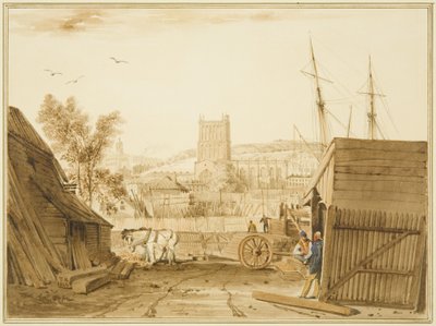 Widok ze składu drewna Acramana, Wapping, z widokiem na katedrę autorstwa Thomas Leeson the Elder Rowbotham