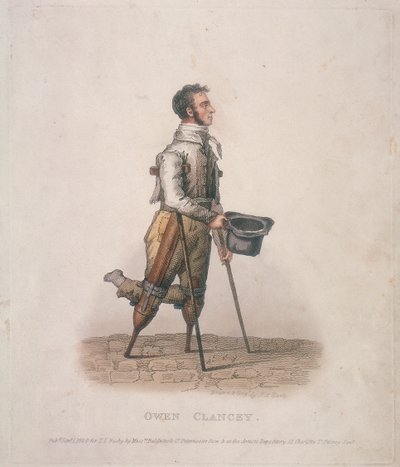 Owen Clancy błagający z kapeluszem w ręku, o kulach i z przyrządami przywiązanymi do nóg, 1820 autorstwa Thomas Lord Busby
