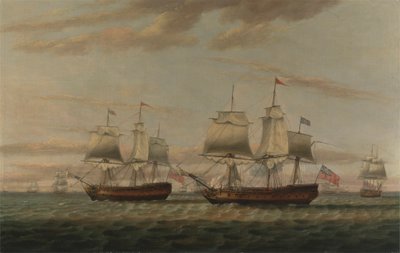 Indianin i dwupokładowy Hove, rzekomo Thomas Dumar, Esq. w HM Statek „Portland” dostarczający konwój z Wyspy Podwietrznej w 1776 r autorstwa Thomas Luny