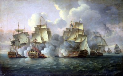 HMS "Mediator" angażujący francuskie i amerykańskie okręty autorstwa Thomas Luny