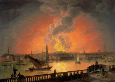 „Płonący teatr Drury Lane z Westminster Bridge”, ok. 1809 r. autorstwa Thomas Luny