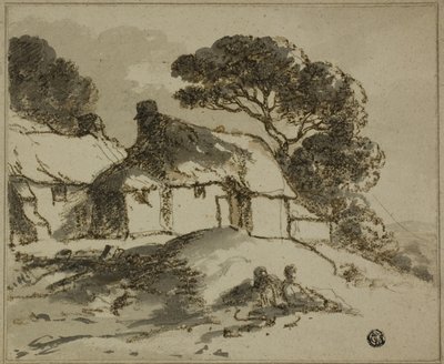 Domki i drzewa na zboczu wzgórza autorstwa Thomas Monro