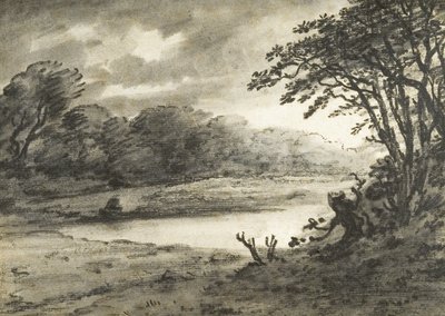 Scena nad jeziorem (węgiel i pył na papierze) autorstwa Thomas Monro