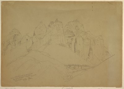 Rysunek przedstawiający rzekę Rio Virgin z dużymi formacjami skalnymi, 1873 r. autorstwa Thomas Moran