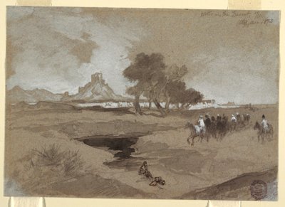 Rysunek, Wodopój na pustyni, Utah, 1873 r. autorstwa Thomas Moran