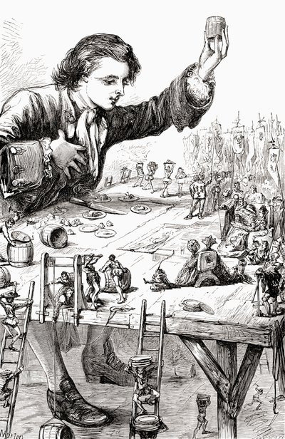 Jego Cesarska Mość życzył sobie, aby on sam i jego królewska małżonka mieli szczęście zjeść ze mną obiad, ilustracja z "Podróży Guliwera", opublikowana ok. 1875 r. autorstwa Thomas Morten