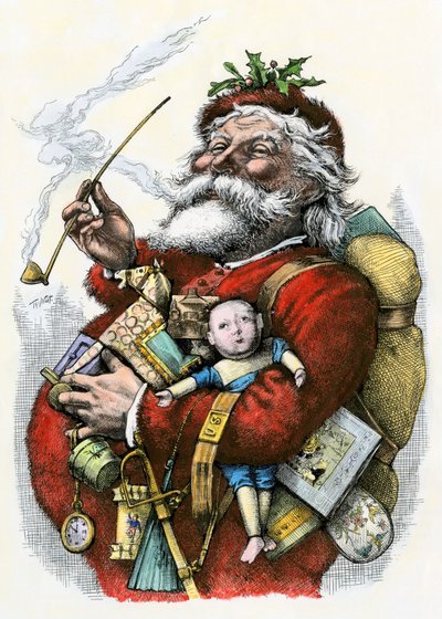 Pere Noel (Święty Mikołaj) z zabawkami w ramionach autorstwa Thomas Nast