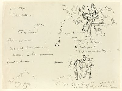 Arkusz szkiców: Żołnierz na koniu i żołnierz z szablą potępiający jeńca (recto); Arkusz szkiców (verso) autorstwa Thomas Nast