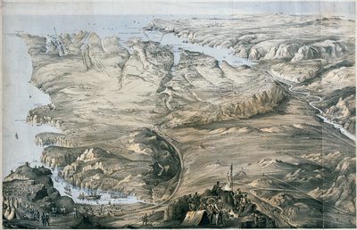 Panoramiczny widok okopów armii sprzymierzonych Anglii i Francji przed Sewastopolu (litografia, przyciemniana) autorstwa Thomas Packer