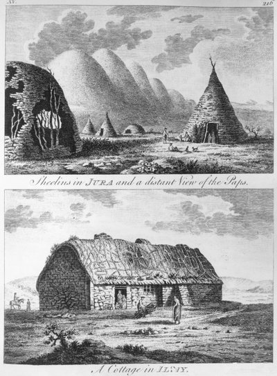 Sheeliny w Jurze i daleki widok na Paps i A Cottage of Islay, z „Wycieczki po Szkocji i rejsu na Hebrydy” 1772 autorstwa Thomas Pennant