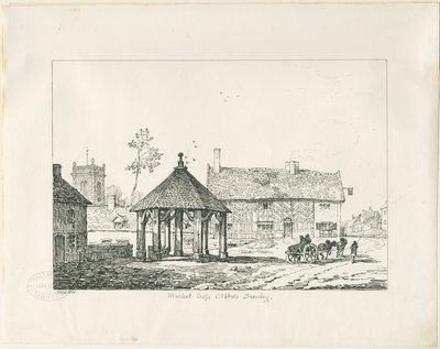 Abbots Bromley - Tudor Market Cross and House: rysunek piórem i tuszem autorstwa Thomas Peploe Wood