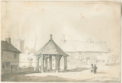 Abbots Bromley Tudor - Market Cross and House: rysunek ołówkiem i wash autorstwa Thomas Peploe Wood