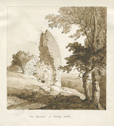 Audley - Zamek Heeley: rysunek w sepii autorstwa Thomas Peploe Wood