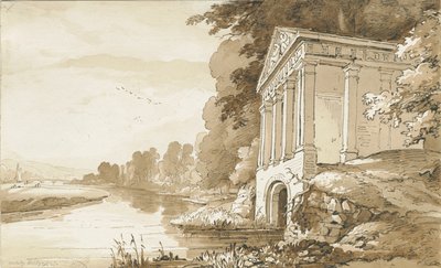 Colwich - Świątynia w pobliżu mostu Wolseley: rysunek rozmycia sepii, nd [1837-1838] (rysunek) autorstwa Thomas Peploe Wood