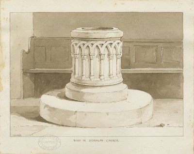 Czcionka w kościele Biddulph (nowym): rysunek w sepii autorstwa Thomas Peploe Wood