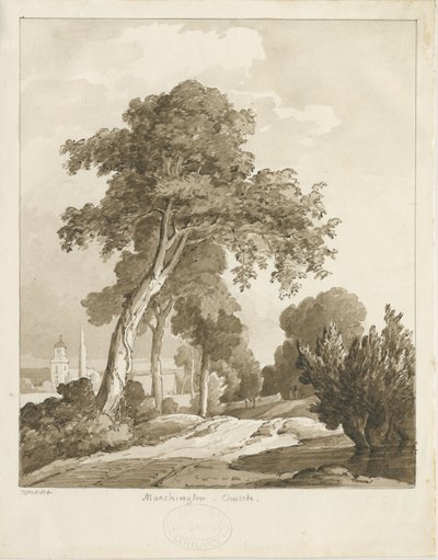 Kościół Marchington: rysunek w kolorze sepii, 1836 autorstwa Thomas Peploe Wood
