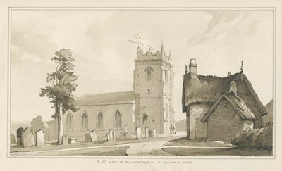 Kościół i plebania w Milwich: rysunek piórkiem, bd [?1838] (rysunek) autorstwa Thomas Peploe Wood