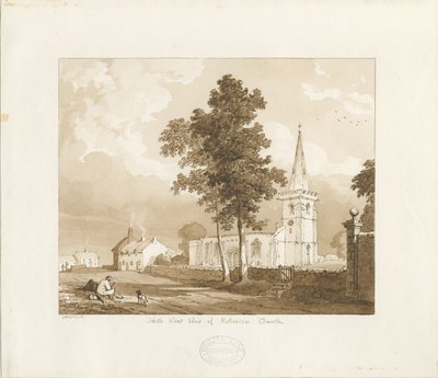 Kościół Rolleston: rysunek w czerwonej sepii, 1836 autorstwa Thomas Peploe Wood