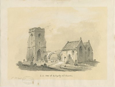 Kościół Rugeley (Stary): rysunek w sepii na przyciemnianym papierze, bd [?1839] (rysunek) autorstwa Thomas Peploe Wood